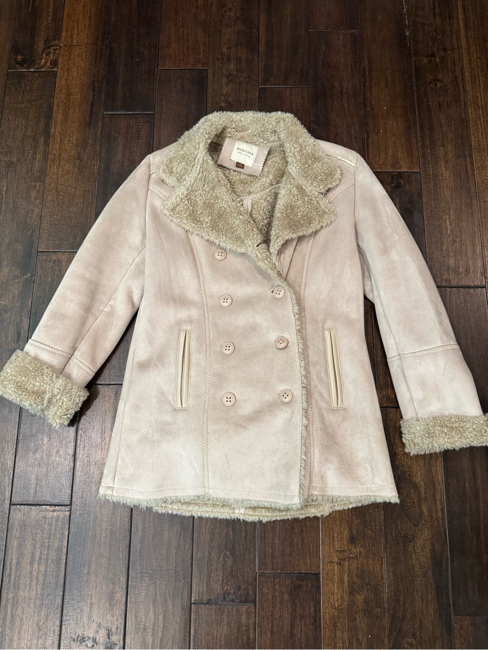 Sonoma Cream Shearling-Trim Double-Breasted Pea Coat